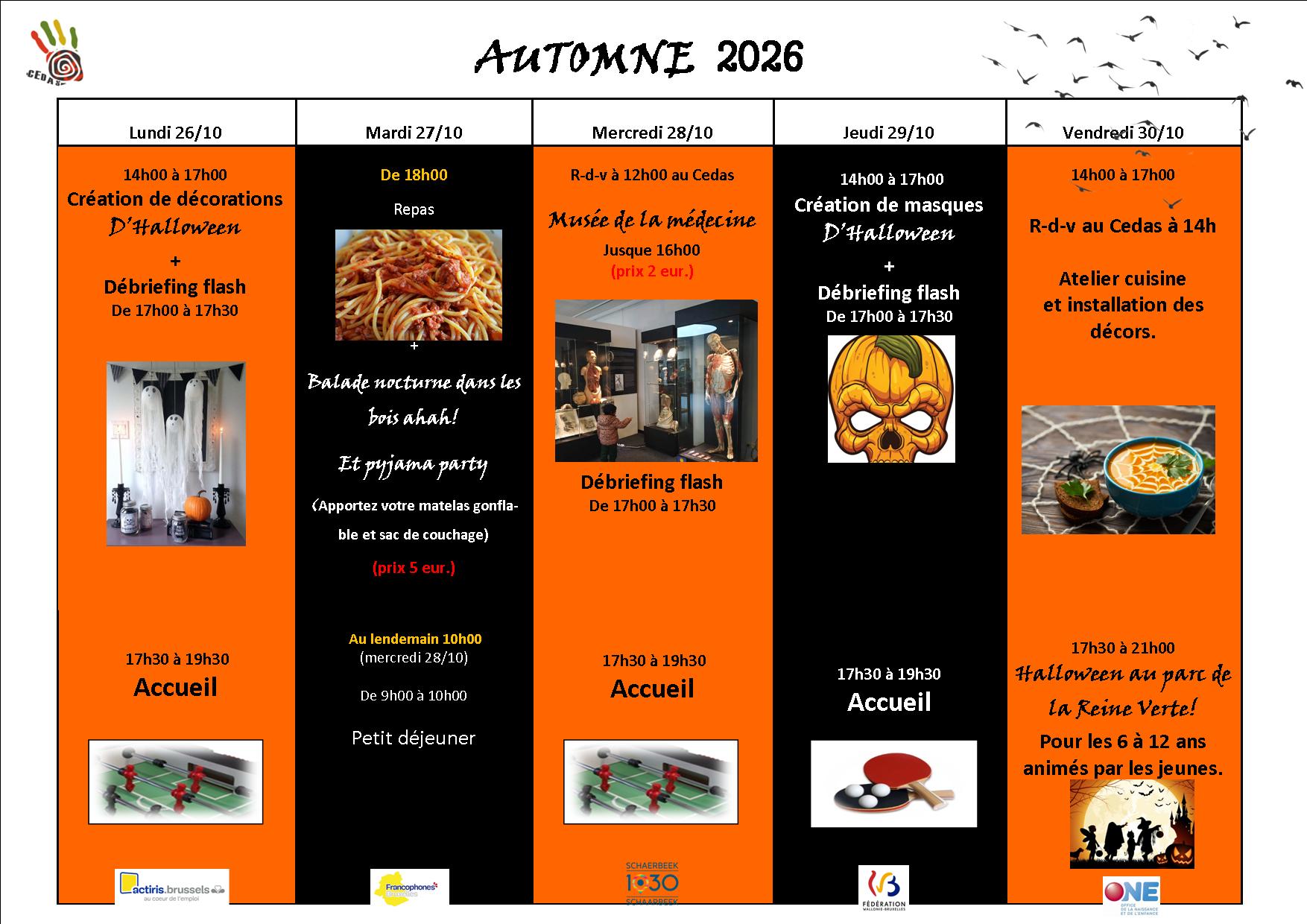 Programme du lundi au vendredi de stage d'automne pour jeune de 12 à 26 ans